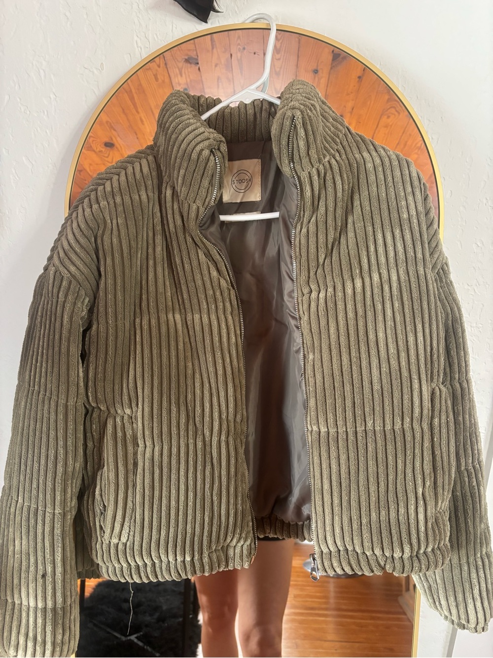 Corduroy Ribbed Puffer Jacket - Olive Green